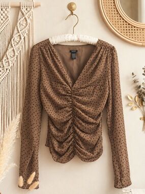 Express Ruched Polka Dot Brown Blouse with V-Neck